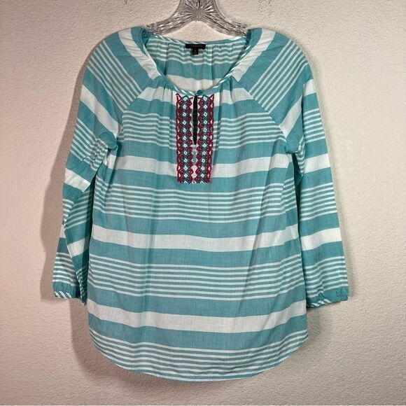 Talbots Blue Striped 3/4 Sleeves Aztec Beaded Blouse Womens Size Small - Picture 1 of 8